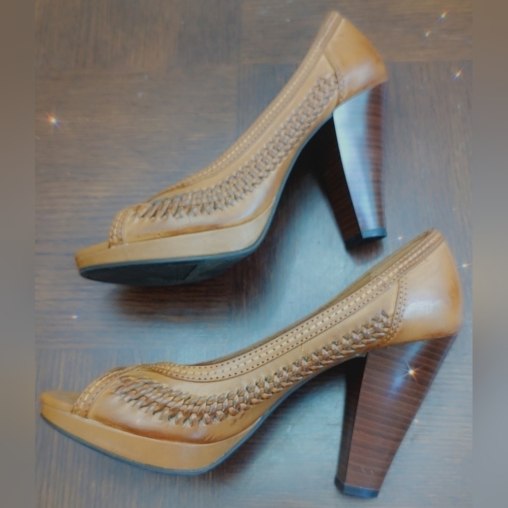 Pre-Loved BOHO Vintage Look American Eagle Open Toe Sandals W/High Stacked Heels - Picture 7 of 15
